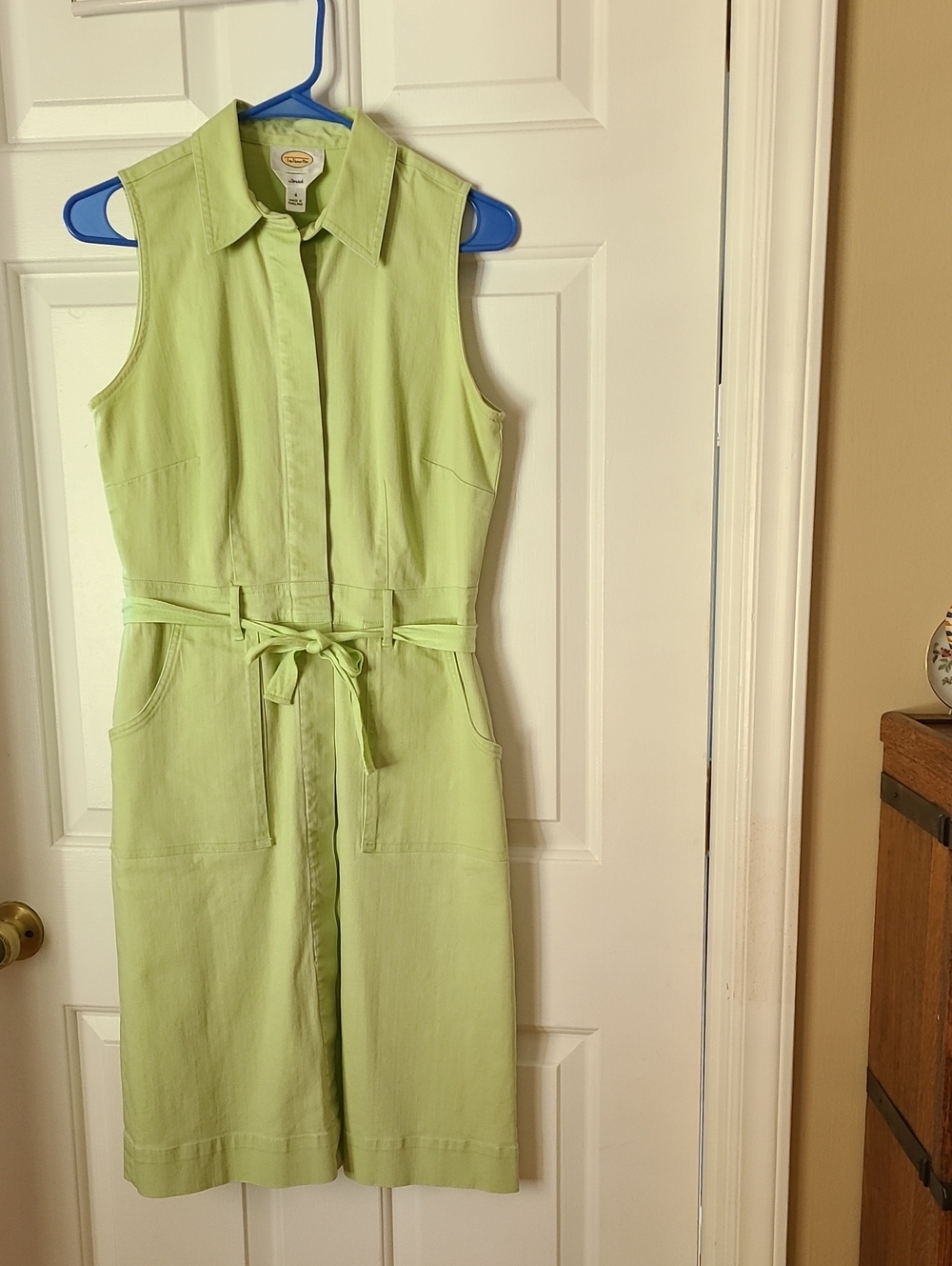 Talbots Sleeveless Lime Green Midi Shirt Dress with Waist Tie